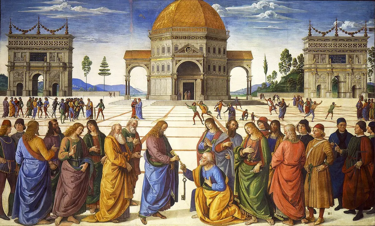 Fresco of Peter in a yellow cloak kneeling to receive a gold and a silver key from Christ, with apostles and onlookers on either side and a domed temple on a wide piazza behind