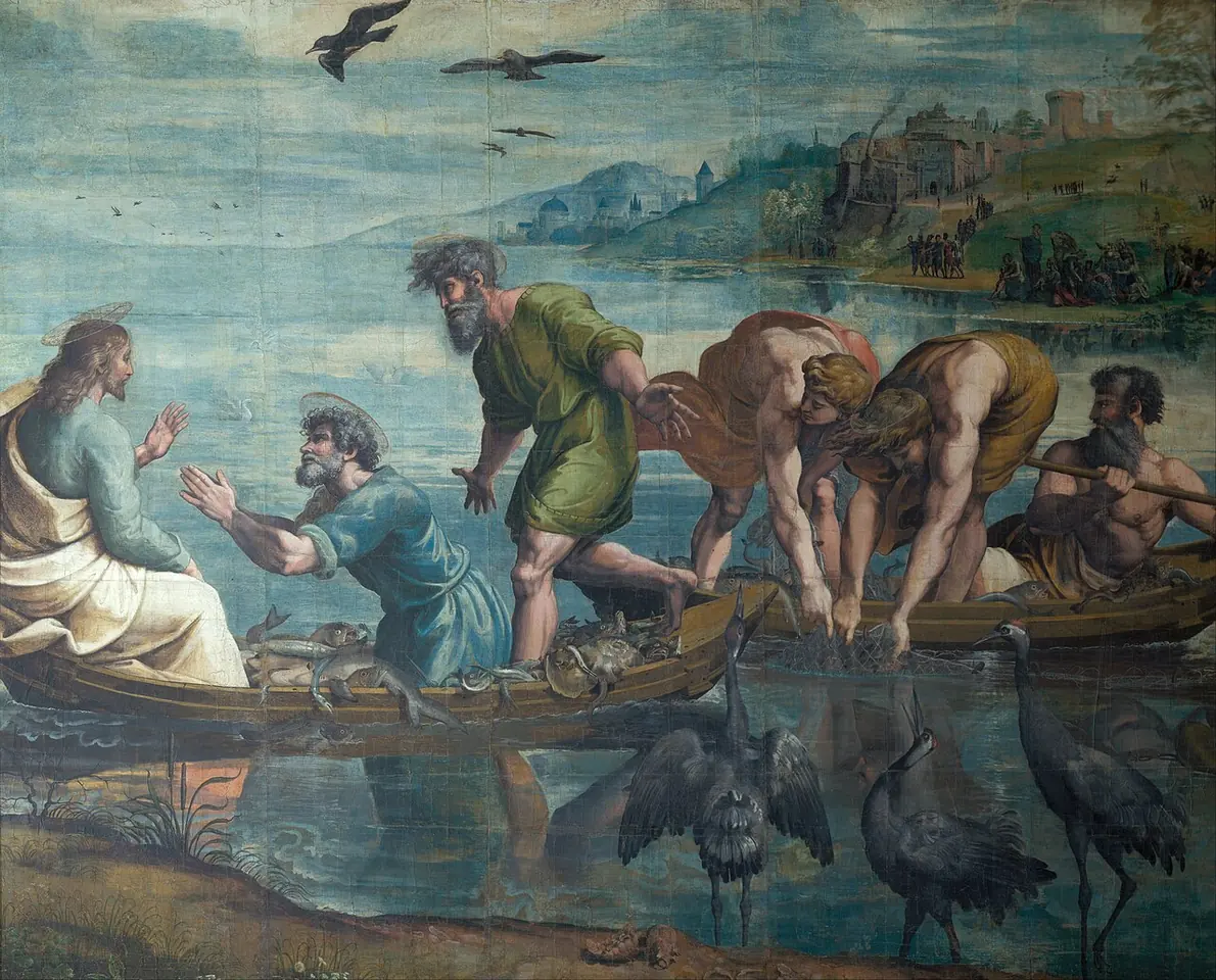 Raphael's cartoon of Peter kneeling in a small boat full of fish before Jesus, while other fishermen haul nets in a second boat and cranes stand on the shore