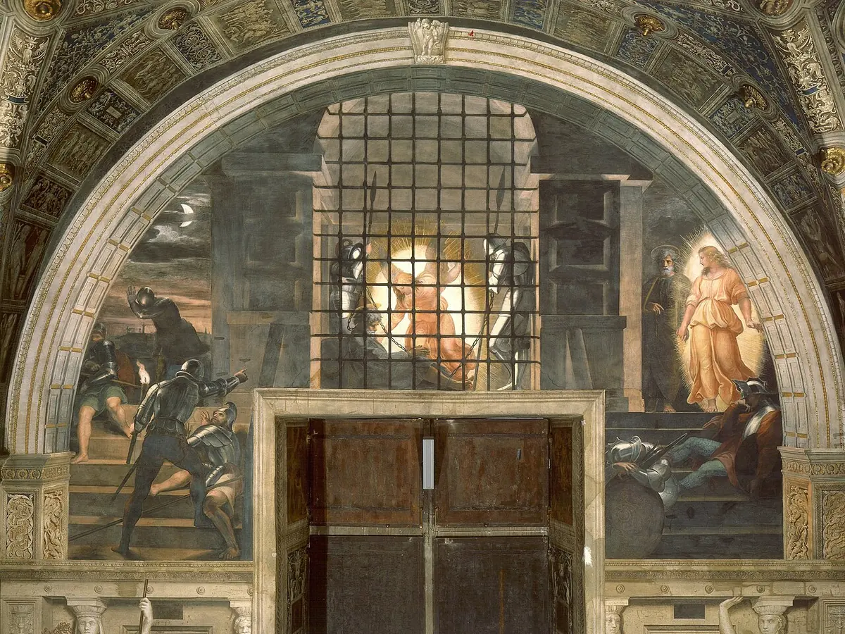 Fresco of a glowing angel waking Peter between two sleeping soldiers behind prison bars, and at the right the angel leading him out past guards