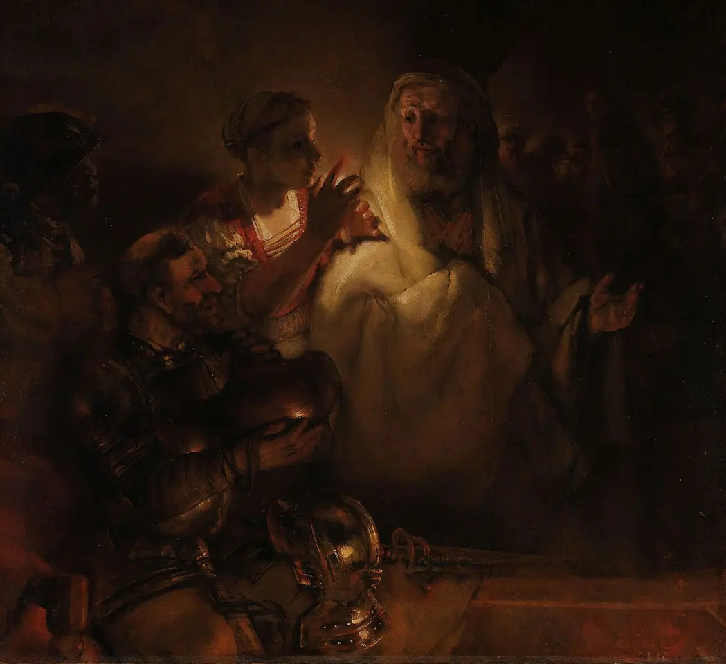 Dark painting of Peter in a white cloak raising his hand in denial as a servant girl shines a candle on his face, with soldiers at left and Christ looking back from the shadows at right