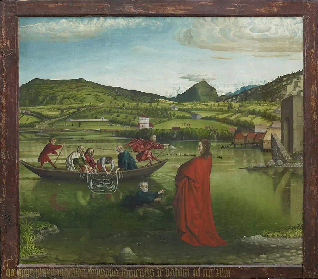 Painting of Lake Geneva with green hills and mountains, apostles hauling a net from a boat while Peter wades through the water toward Christ standing on the shore in a red robe