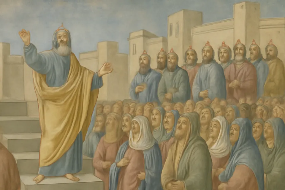 Illustration of Peter preaching to a large crowd in Jerusalem on the day of Pentecost, with small flames above the apostles' heads
