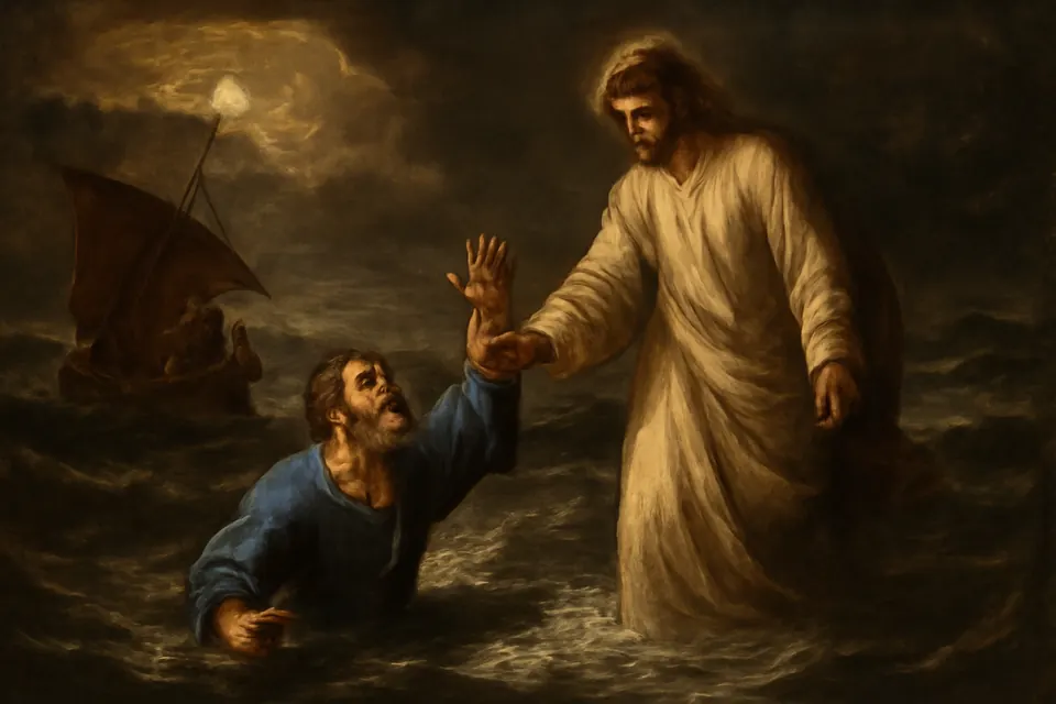 Illustration of Peter sinking in a stormy sea at night as Jesus reaches down and catches his hand