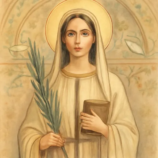 Fresco-style portrait of St. Petronilla, a young Roman woman in a pale tunic and veil holding a palm branch and a small book