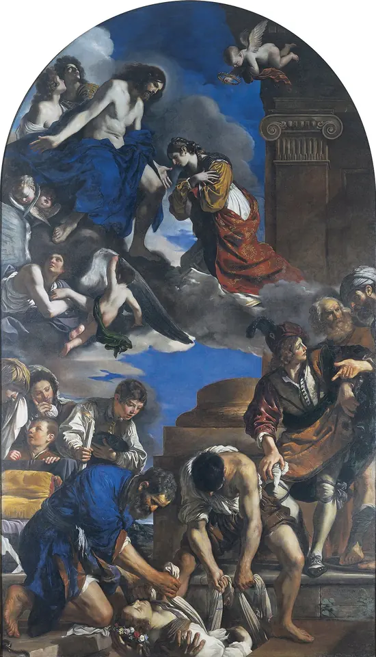 Tall Baroque altarpiece with gravediggers lowering the body of a young woman into a tomb below while she kneels before Christ in the clouds above