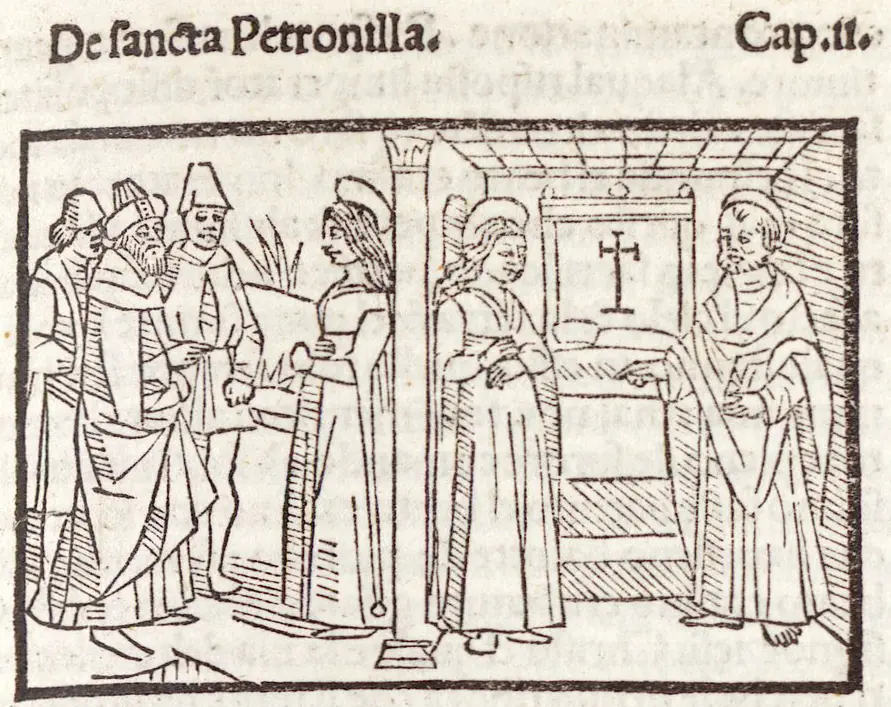 Black-and-white woodcut in two scenes, a group of men speaking with a young woman at the left and the young woman beside a bed with a bishop at the right
