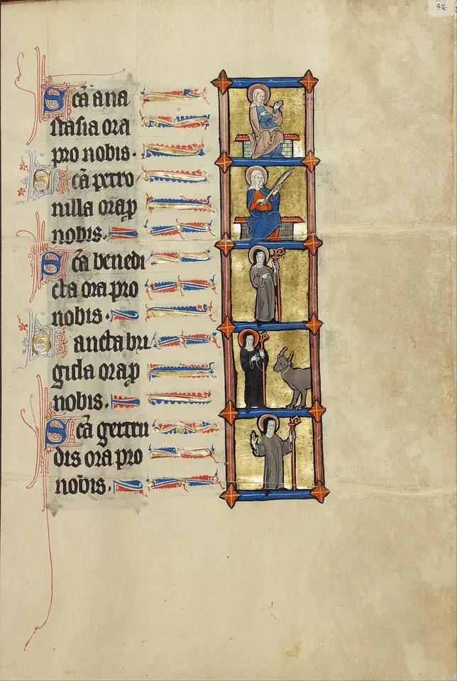 Manuscript page of a litany of saints in red and blue Gothic script, with tiny painted figures of holy women stacked in a gold column at the right