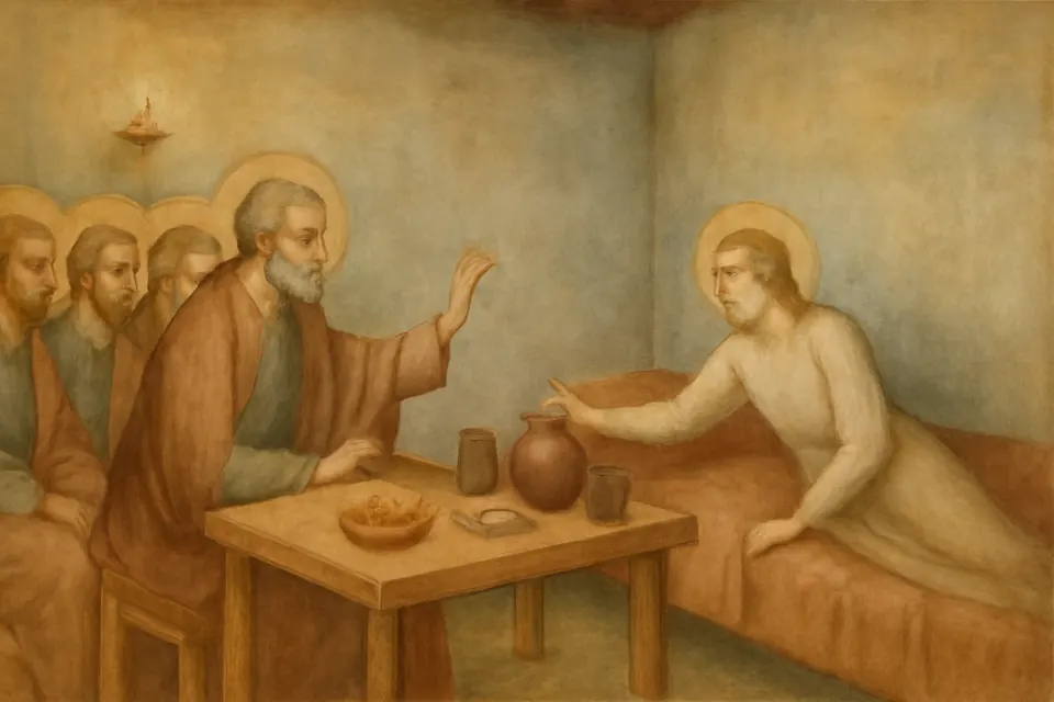 Illustration of St. Peter at a table with his disciples, telling Petronilla to rise from her sickbed and serve them