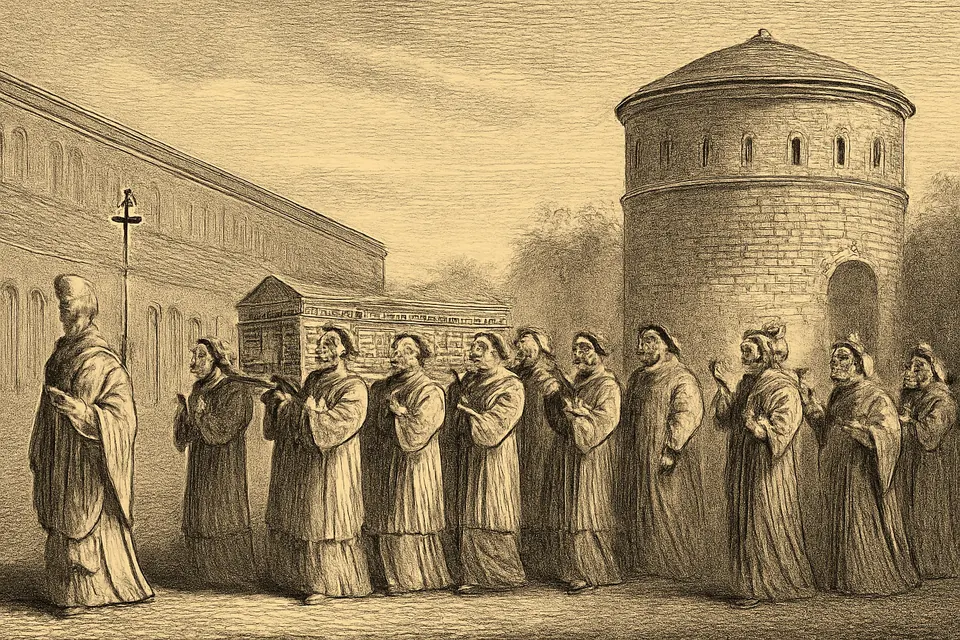 Illustration of clergy carrying a marble sarcophagus into a round chapel beside old St. Peter's in the year 757