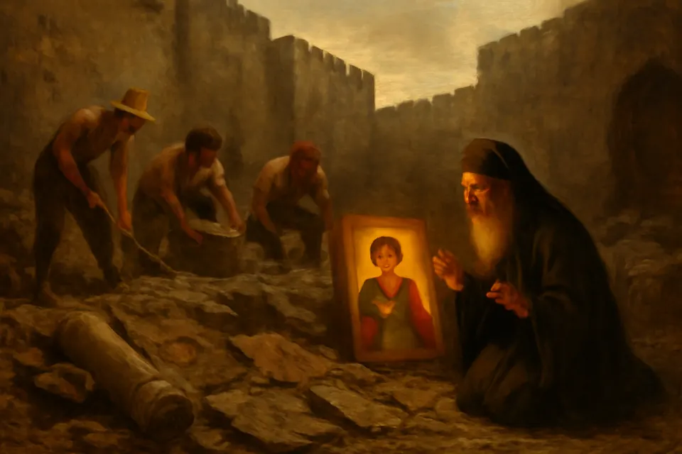 Oil-painting-style illustration of workmen on Rhodes uncovering a ruined church and finding one bright, undamaged icon among decayed ones