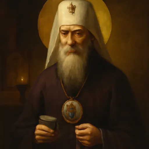 Oil-painting-style portrait of St. Philaret of Moscow, a thin, elderly Russian bishop with a gray beard in a white metropolitan's hood with a small cross, holding a book