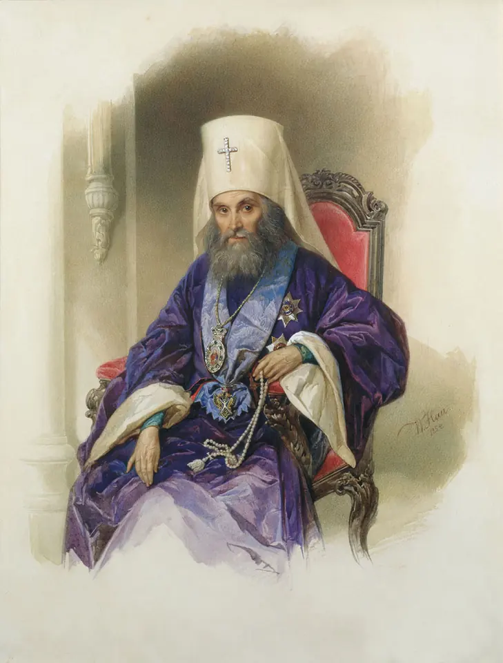 Watercolor portrait of an elderly bishop with a gray beard, in a white hood with a small cross and a purple mantle, seated in a red armchair with his hands resting on his knees
