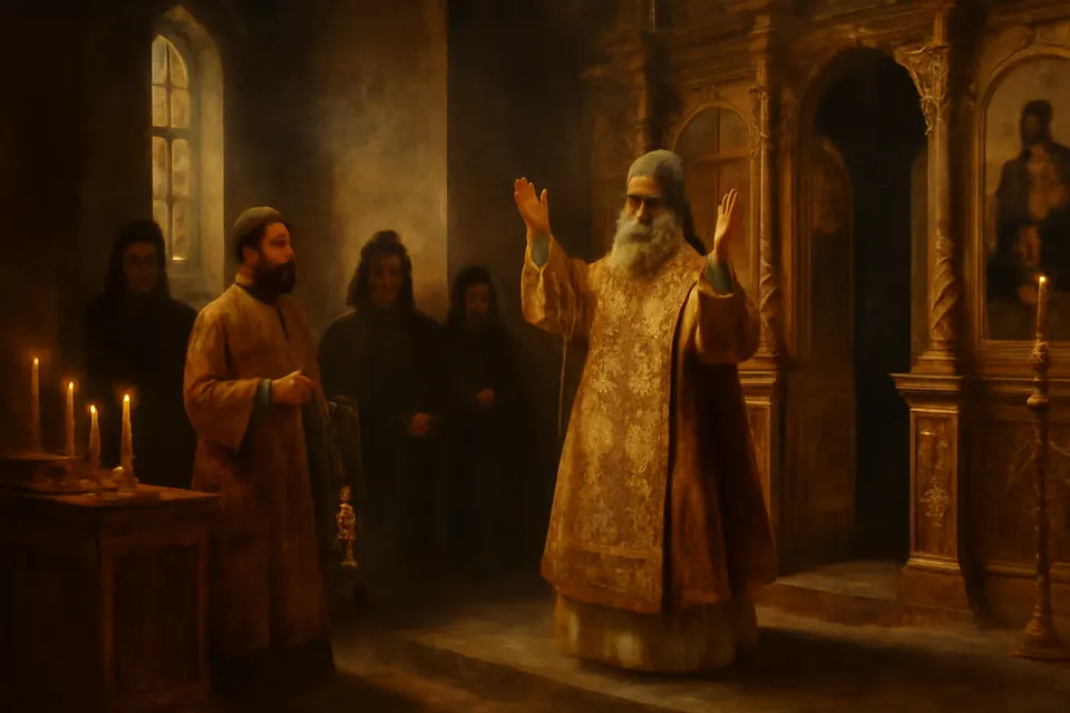 Oil-painting-style scene of an elderly bishop serving the Divine Liturgy before a gilded iconostasis in a small candlelit church, with monks standing nearby