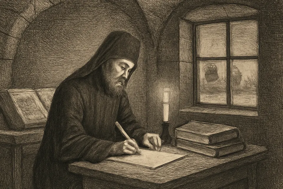 Engraving-style scene of a young monk in black writing at a desk by candlelight, an open Greek Gospel book beside him and a window over a snowy city