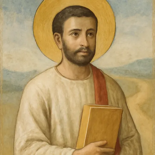 Fresco-style portrait of St. Philip the Evangelist as a young deacon in a white tunic with a deacon's stole over his shoulder, holding a book of the Gospels