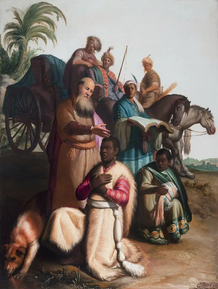 Painting of a gray-bearded man in a red robe raising his hand over a kneeling African man in rich robes, with servants, a chariot, horses and a dog around them