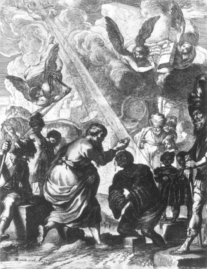 Black-and-white image of a bearded man pouring water on a kneeling man's head, with soldiers around them and angels in rays of light above