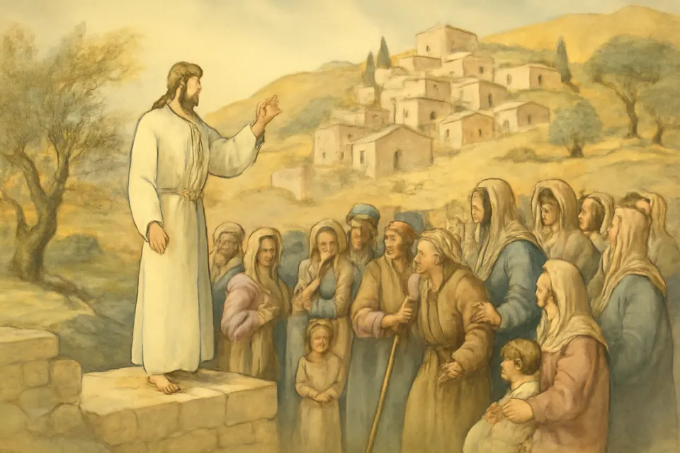 Watercolor-style scene of a young man preaching to a crowd of villagers in a hill town of Samaria