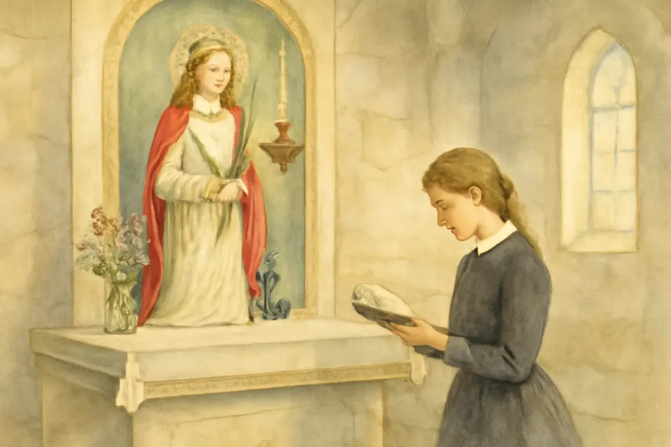 Watercolor-style illustration of a teenage girl kneeling at a side altar before a statue of St. Philomena with a palm and an anchor, an oil lamp burning in a red glass