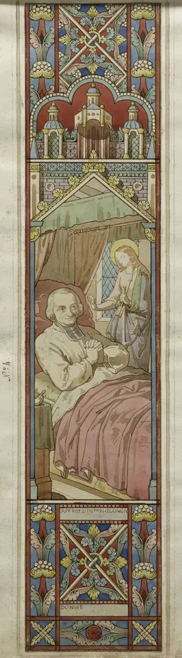 Tall narrow watercolor design for a stained-glass window in which a young saint appears to an old priest lying ill in bed, under a Gothic canopy