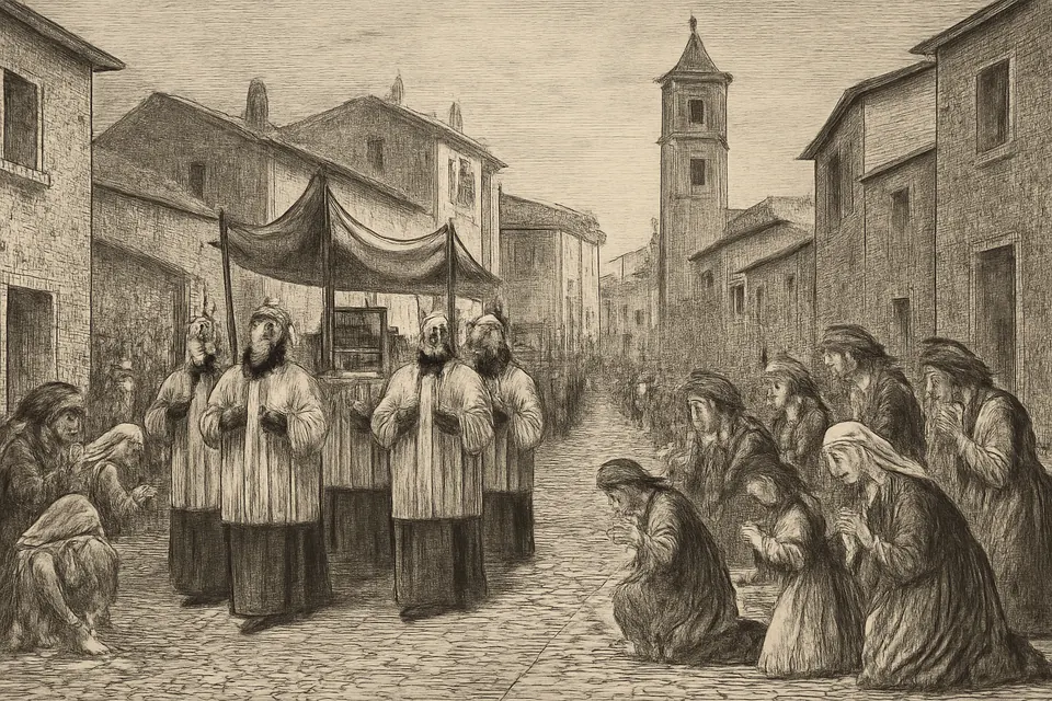 Engraving-style illustration of townspeople welcoming the relics of St. Philomena in procession at Mugnano del Cardinale in 1805