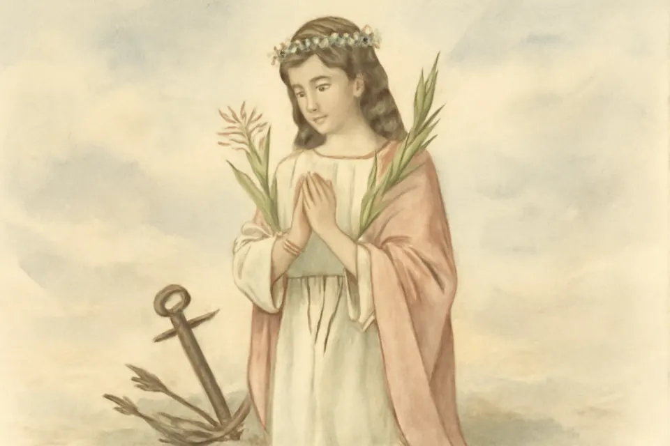 Watercolor-style illustration of St. Philomena as a young Roman girl in a white tunic, holding a lily and a palm, with an anchor and arrows at her feet