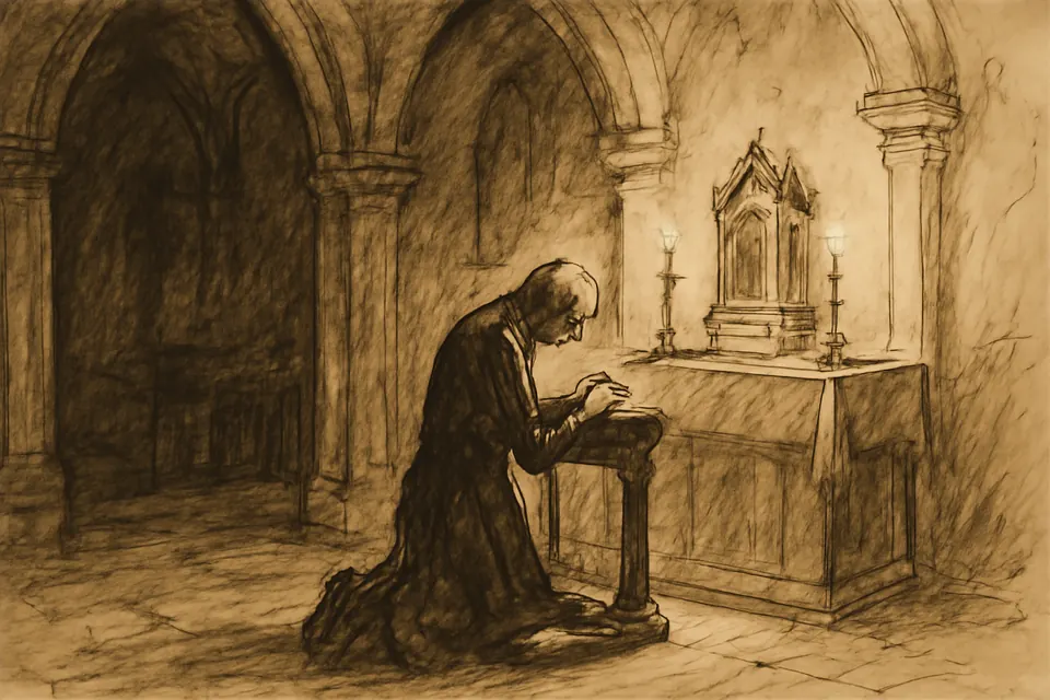Ink-style illustration of St. John Vianney praying alone at night in a small side chapel before a reliquary of St. Philomena