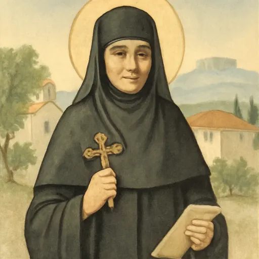 Watercolor-style portrait of St. Philothei of Athens, a Greek nun in a black habit and veil holding a small wooden hand cross and a scroll