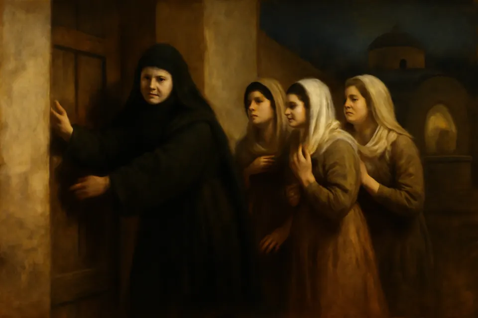 Oil-painting-style scene of an older nun in black opening a wooden convent door at dusk to four frightened young women in headscarves