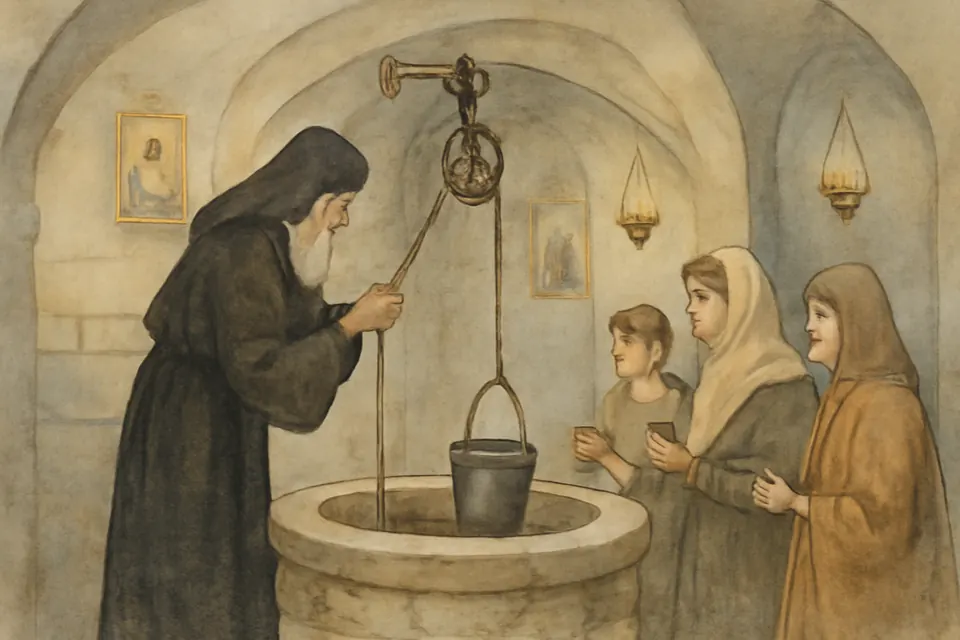 Watercolor-style scene of a monk drawing water with a rope and pulley from an old well in a stone crypt lit by oil lamps