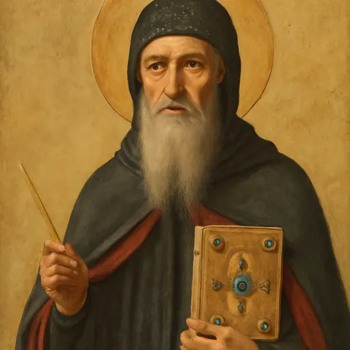 Fresco-style portrait of St. Philoxenus of Mabbug, a lean Syrian bishop with a long gray beard in a black hood embroidered with crosses, holding a book