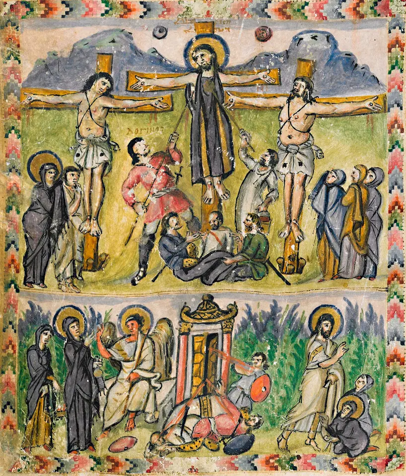 A brightly colored manuscript painting of Christ crucified in a long purple robe between two thieves, with mourners and soldiers, and below it the empty tomb with an angel and the holy women
