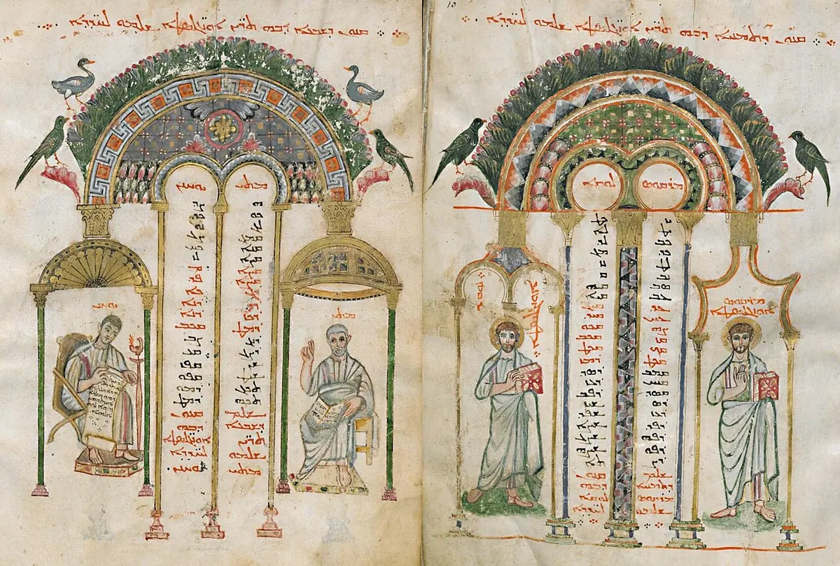 Two facing manuscript pages with painted arches, birds and columns of Syriac numbers, and small figures of the four evangelists holding books