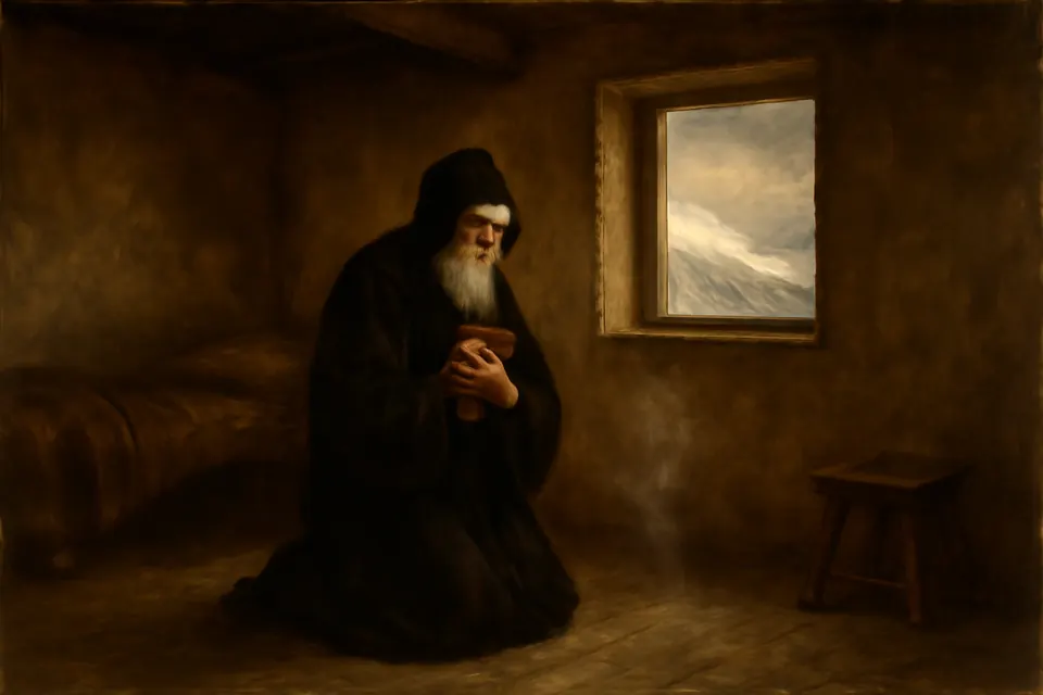 Oil-painting-style scene of an old bishop in a dark hood praying alone at a small window in a bare upper room of an inn, with faint smoke rising through the floorboards