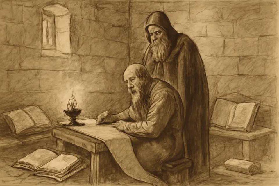 Ink-drawing-style scene of an old bishop watching over a priest who copies a Gospel manuscript at a low desk in a stone room