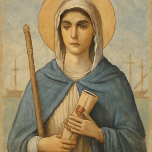 Fresco-style portrait of St. Phoebe as a woman of the 1st century in a pale veil and blue mantle, holding a rolled scroll