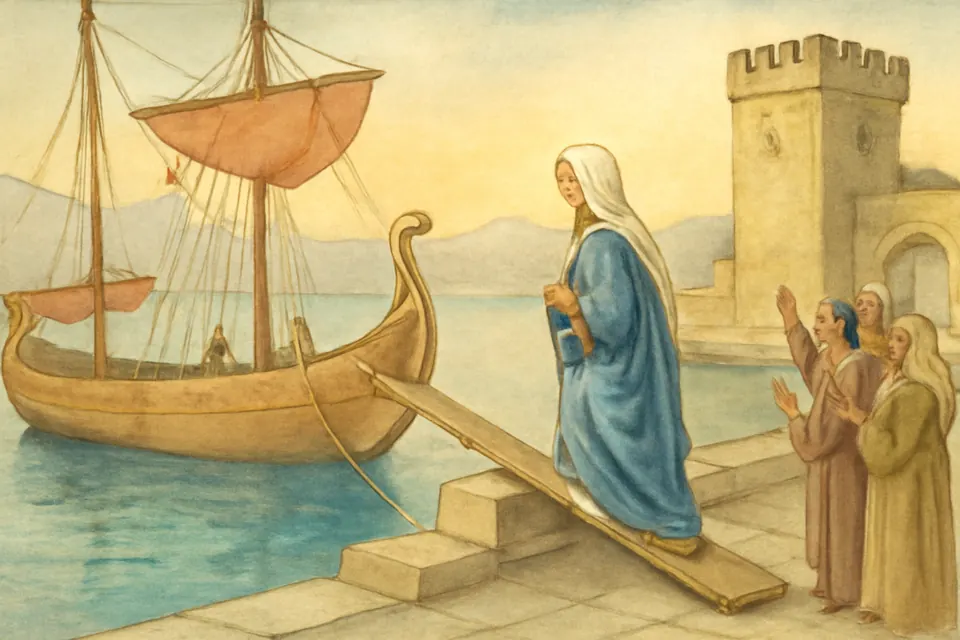 Watercolor-style illustration of St. Phoebe boarding a merchant ship at the harbor of Cenchreae with a scroll case under her arm