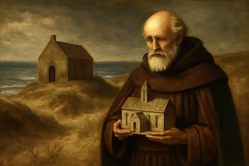 Oil-painting-style figure of an elderly Celtic monk holding a small model of a stone church among the sand dunes of the Cornish coast