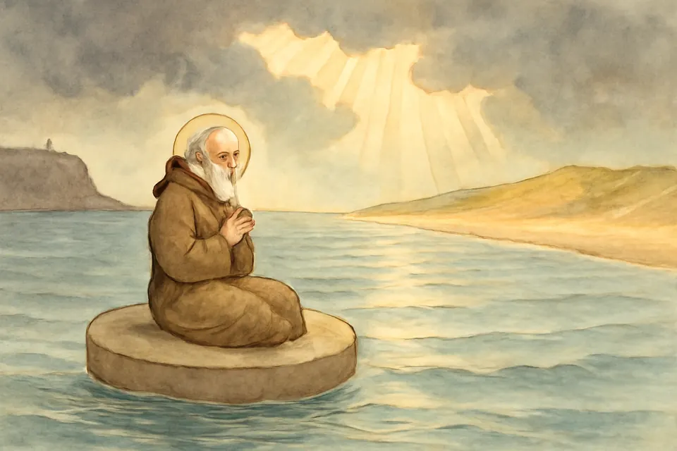 Watercolor-style illustration of an old monk sitting calmly on a floating millstone on a smooth, sunlit sea as he drifts toward a sandy shore