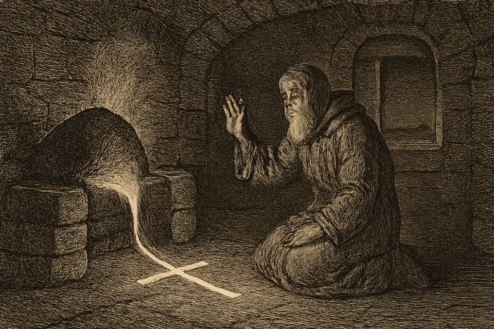 Engraving-style illustration of a bearded monk kneeling beside his hearth fire, where a stream of white metal runs out of a black stone in the shape of a cross