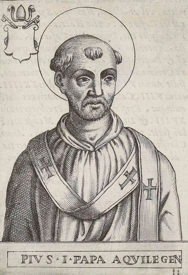 Engraved portrait of a bearded pope with a tonsure and halo, in a pallium marked with crosses, labeled Pius I Papa Aquilegen