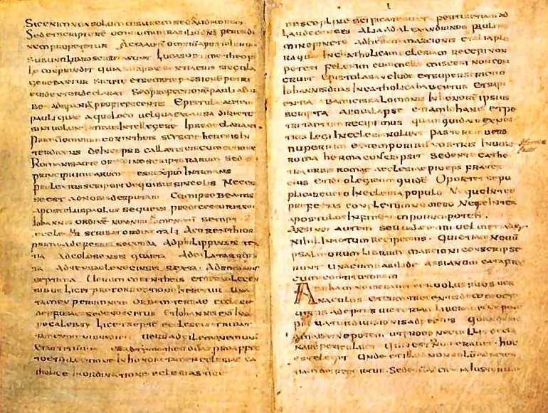 Two facing pages of an old Latin manuscript in brown ink on yellowed parchment, written in a dense uncial hand