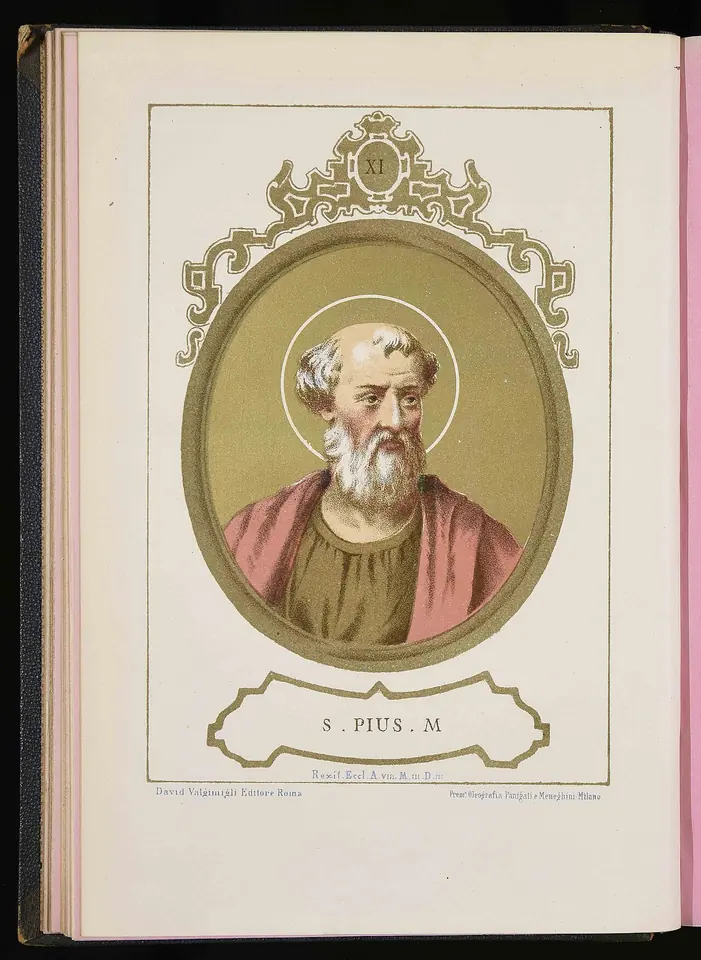 Color lithograph in an open book of a white-bearded saint with a halo, in a red tunic, framed in a gold oval labeled S. Pius M.