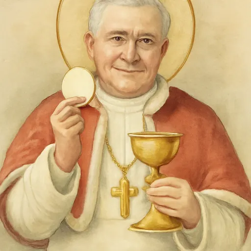 Watercolor holy-card portrait of St. Pius X as an elderly pope with white hair, in a white cassock, white zucchetto and red mozzetta, holding a gold chalice and host
