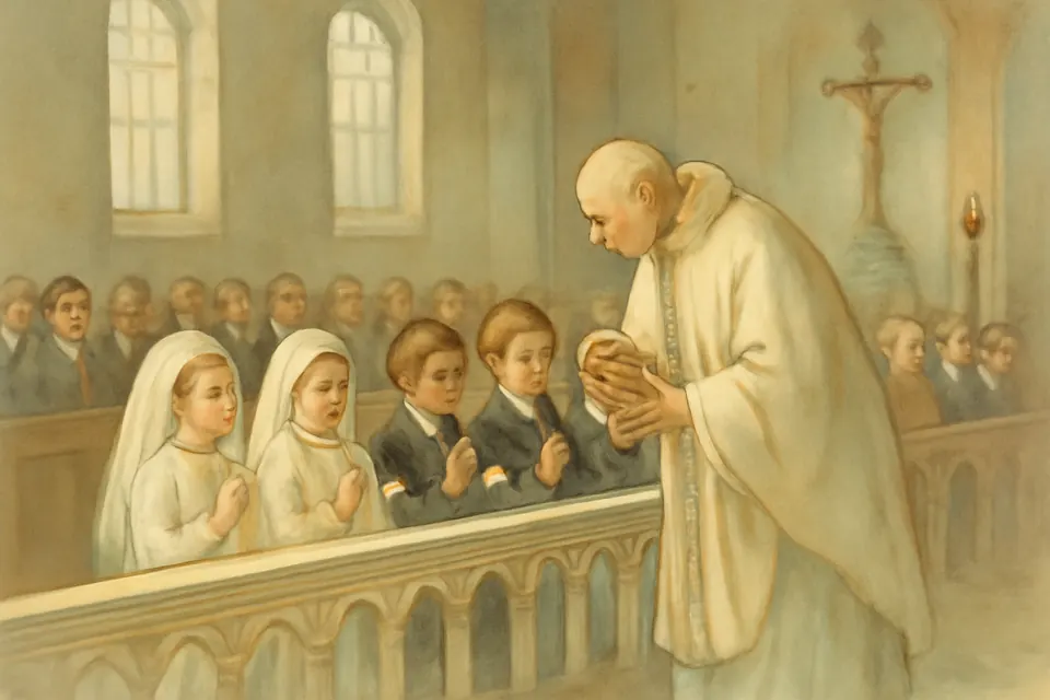 Illustration of small children in white kneeling at an altar rail to receive their First Communion in an Italian church in the early 1900s