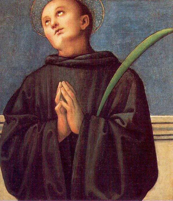 A young tonsured monk with a halo in a dark habit, his hands joined in prayer and a palm branch against his shoulder, looking up toward heaven