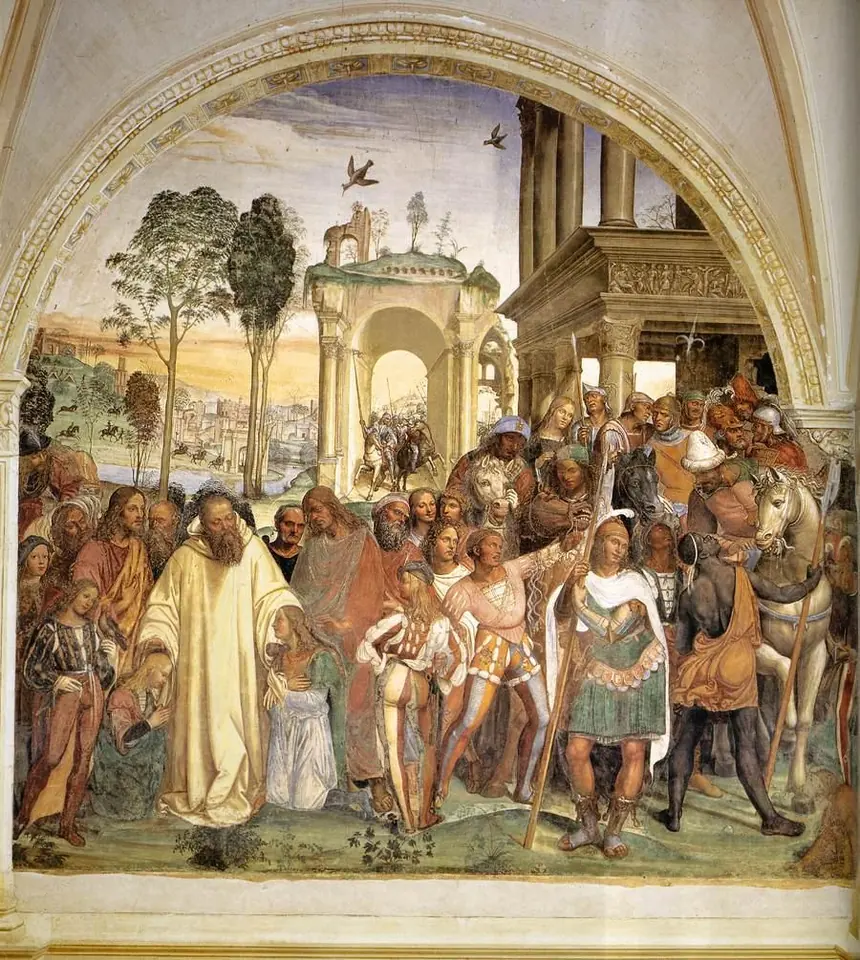 A large arched fresco in which a monk in a white habit receives two boys presented by richly dressed noblemen, with horsemen and a classical gateway behind