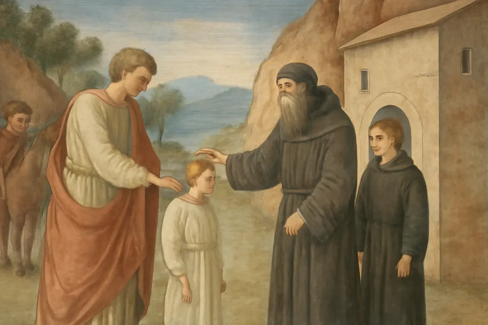 Fresco-style scene of a Roman nobleman presenting his young son to a monk in a black habit before a cave monastery in a wooded valley
