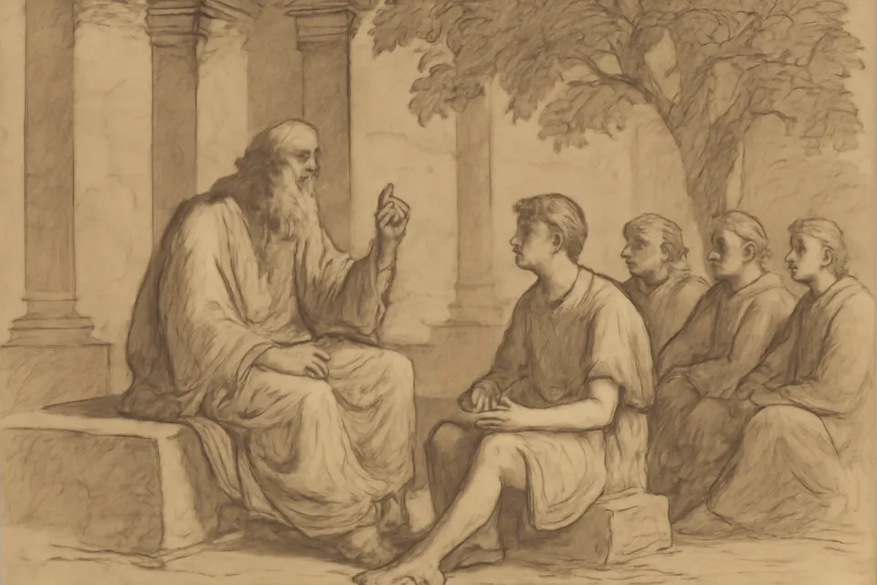 Illustration of the young Polycarp sitting at the feet of the aged apostle John in Ephesus