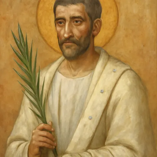 Fresco-style portrait of Pope St. Pontian as a gaunt bearded man in a plain Roman tunic and pallium, holding a martyr's palm